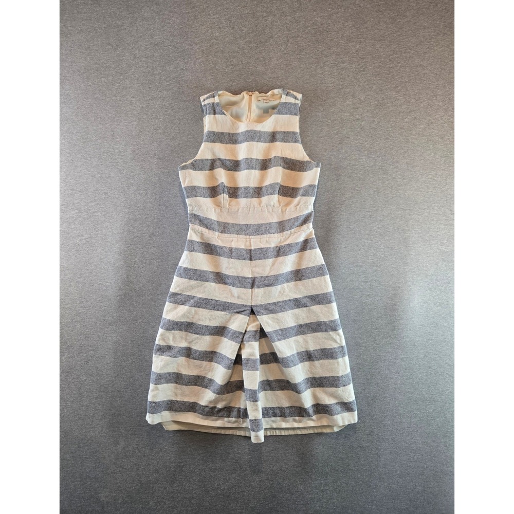 J.Crew Sleeveless Dress Women 2T Ivory Navy Linen Cotton Sheath Striped Pleated